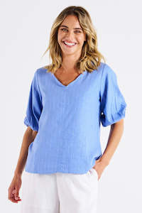 BETTY BASICS Elanora Linen Blouse Berry Blue Stripe