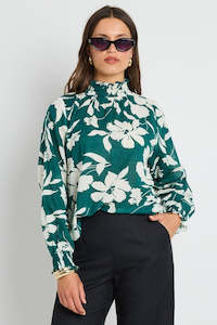 IVY + JACK Affection Shirred High Neck Top Forest Floral