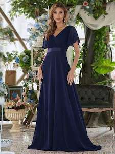 Billie flutter sleeve v neck chiffon dress in navy blue s24 Express NZ wide