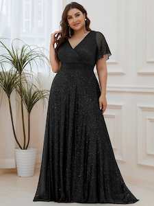 Clothing: Lois flutter sleeve v neck glittering formal dress in black s22 Express NZ wide