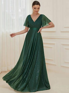 Lois flutter sleeve v neck glittering formal dress in emerald s28 Express NZ wide