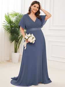 Billie flutter sleeve v neck chiffon dress in steel blue s28 Express NZ wide