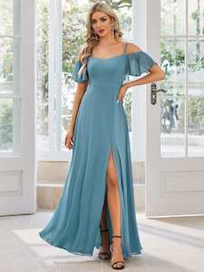 Aurora bridesmaid dress with split in dusky blue Express NZ wide