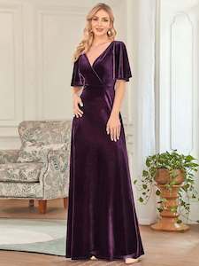 Clothing: Jorrie purple velvet bridesmaid gown Express NZ wide