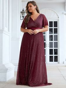 Lois flutter sleeve v neck glittering formal dress in burgundy Express NZ wide