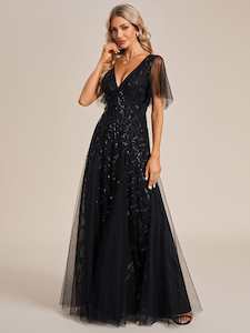 Sally black sleeved sequin and tulle evening dress s22 Express NZ wide