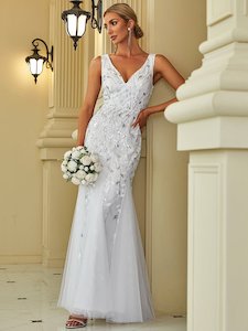 Paula tulle wedding dress with sequin leaf pattern in white Express NZ wide