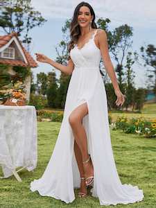 Lila V-neck chiffon wedding dress with split in Ivory