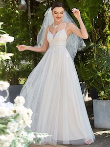 Milena thin strap nude and ivory wedding gown s 10-12 Express NZ wide