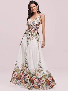 Clothing: Veda floral printed classic party dress in ivory Express NZ wide