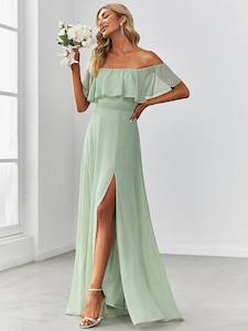 Angelina off shoulder dress with split light sage s22 Express NZ wide