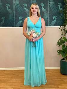 Veda full length classic chiffon bridesmaid dress in aqua Express NZ wide!