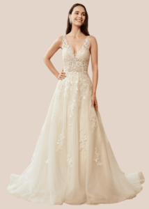 Annika applique lace wedding gown ivory/ivory with sparkle s16-18 Express NZ wide