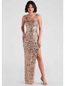 Denny square neck sequin ball gown in gold s6 Express NZ wide