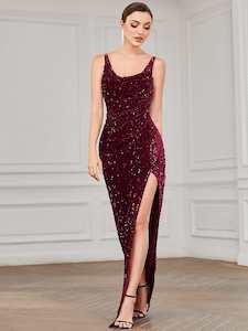 Tulasi cowl neck sequin ball dress with side split