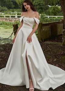 Sydney Warm Ivory Mikado A-Line wedding gown s12-14 with split