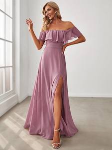 Angelina off shoulder bridesmaid dress with split in dusky rose s8 Express NZ Wide