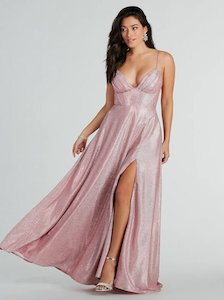 Penny sparkling pink A line ball dress with split Express NZ wide