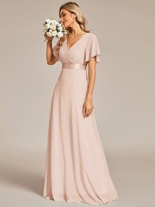 Clothing: Kelsie v neck flutter sleeve chiffon wedding dress in blush