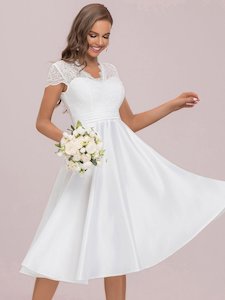 June Ivory satin and lace below knee wedding dress Express NZ wide