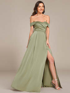 Clothing: Hazel Light Olive Satin Bridesmaid Dress with Slit and lace up back