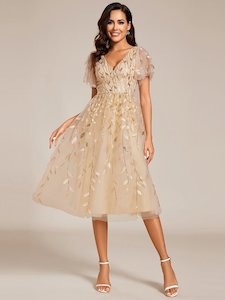 Clarice sleeeved light gold midi wedding dress