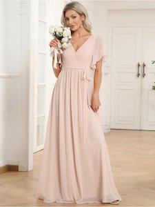 Reena Blush chiffon wedding dress with sleeve and waist tie