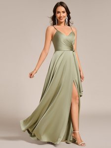 Holly light olive satin bridesmaid dress with split Express NZ wide