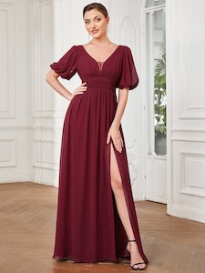 Olivia half sleeve chiffon evening or bridesmaid gown with split