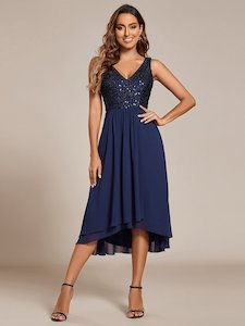 Clothing: Samanda navy sequin chiffon evening dress Express NZ Wide