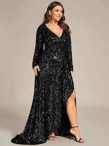 Felicity sequin full sleeve ball dress with split in Black s26 Express NZ wide