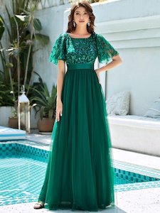 Georgia flutter sleeve tulle dress in emerald s18 Express NZ wide