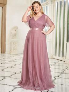 Alma flutter sleeve tulle bridesmaid gown in dusky rose s10 Express NZ wide