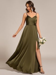 Holly Olive thin strap satin bridesmaid dress with split s8 Express NZ wide