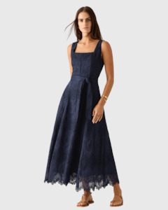 mos the label mariana embroidery midi dress navy