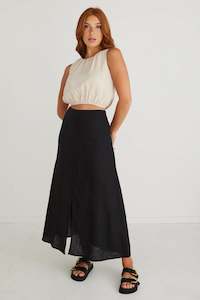 Womenswear: AMONG THE BRAVE - Mercy Linen Button Front Aline Skirt - Black