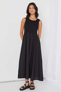 RE:UNION - Bryar Empire Midi Dress -- Black