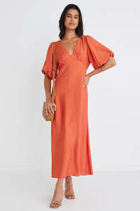 AMONG THE BRAVE - Empire Puff Sleeve Midi Dress - Persimmon