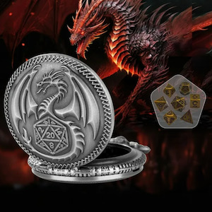 Metal Dice: Dice Dragon (Silver)- 7 Piece Mini Metal Polyhedral Dice Set & Pocket Watch Style Case