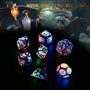 Resin Dice: 'Nordic Rune LED Dice' - Rechargeable Light Up Dice - 7 Piece Dice Set