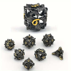 Dancing Dragons - 7 Piece Hollow Metal Polyhedral Dice Set & Dice Case