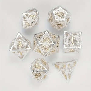 Platinum Dragon - 7 Piece Hollow Metal Polyhedral Dice Set & Dice Case