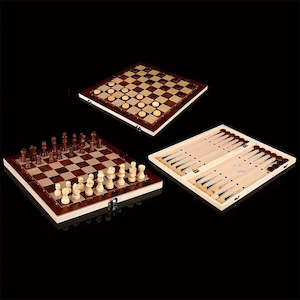 Three-in-one Wooden Chess, Checkers, and Backgammon Set