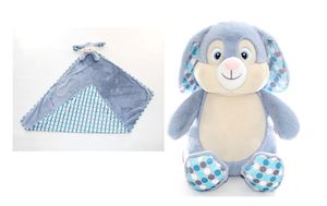 Toy: Blue Polkadot Cubbie Bunny and Blanket Combo