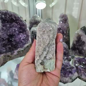 Cubic Green Fluorite Specimen on Quartz Druzy Tower