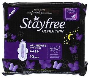 Womens Health: STAYFREE ULTRA THIN PADS ALL NIGHTS WINGS 10 PACK