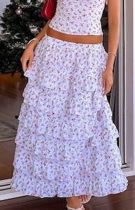 Womenswear: Paisley White Floral Ruffle Maxi Skirt