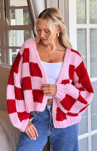 Womenswear: Envi Pink And Red Checkered Knit Cardigan