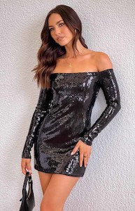 Jazmin Black Sequin Long Sleeve Mini Dress