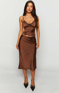 Womenswear: Khloe Brown Satin Midi Skirt